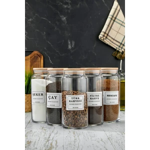 Fbz Home 5'li Ahşap Vakum Kapaklı 1300 ml Etiketli Çay Şeker Kahve Cam Saklama Kabı Kavanoz