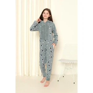 Desenli Kışlık Kız Çocuk Polar Tulum Pijama Takımı