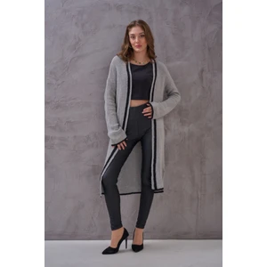 Kadın Şerit Detaylı Uzun Örme Triko Hırka