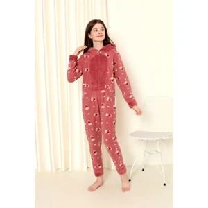 Desenli Kışlık Kız Çocuk Polar Tulum Pijama Takımı