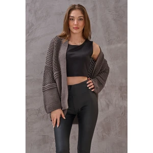 Kadın Üstü File  Örgü Detaylı Kalın Rahat Kalıp Günlük Yumoş Dokulu Triko Kısa Hırka