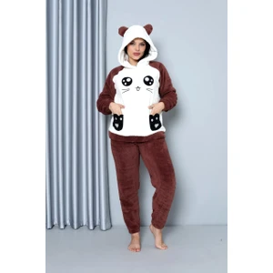 Desenli Tam Peluş Kışlık Yılbaşı Kadın Pijama Takımı