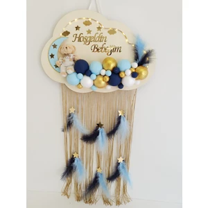 Mor Mini Bebek Kapı Süsü Ledli Bubble Ayıcıklı Ahşap Bulut Pano