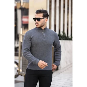 VYZ Fashion Premium Yarım Yaka Fermuarlı Gri Triko Kazak