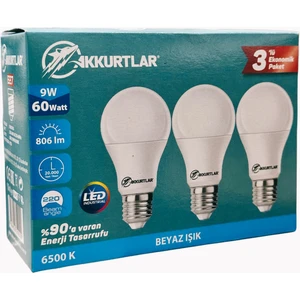Led Lamba 9W-60W 806 Lümen Beyaz Işık E27 (3'lü Ekopaket)