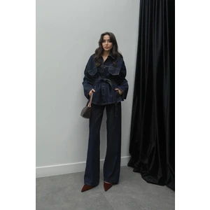 Kadın Kot Takım – Uzun Kollu Katlı Yakalı Kemerli Gömlek ve Yüksek Bel Geniş Paça Pantolon, Şık Günlük ve Klasik Kombin