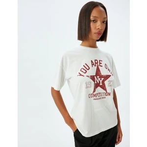 Oversize T-Shirt Kolej Baskılı Bisiklet Yaka Kısa Kollu Pamuklu