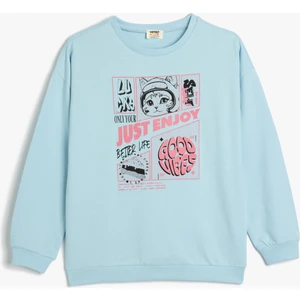 Sweatshirt Uzun Kollu Kedi Baskılı Bisiklet Yaka Pamuklu