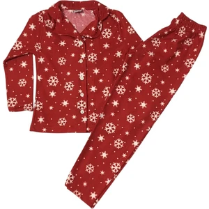 Arya Nisa Kids Kız Çocuk Kırmızı Kar Tanesi Desen %100 Pamuklu Önden Düğmeli Süet Yeni Yıl Konseptli Pijama Takımı