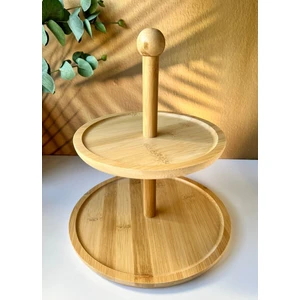 Sunumluk Yuvarlak 2 Katlı Bambu Servis Tabağı Sunumluk