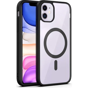 Caseart Apple iPhone 11 Kapak Renkli Mag Safe Özellikli Kamera Bölümü Açık Sert Silikon Kılıf - Siyah