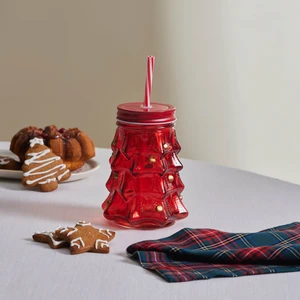 New Year Yılbaşı Pine Tree Pipetli Kupa 520 ml Kırmızı