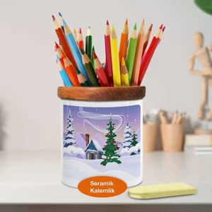 Kar Altında Yılbaşı Ağacı Ahşaplı Seramik Kalemlik - 1262-16659
