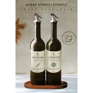 Kitchen Life Ahşap Standlı Amber 2'li 750 ml Yağlık Seti - Ahşap Altlıklı Etiketli Cam Zeytinyağı Sıvıyağ Şişesi