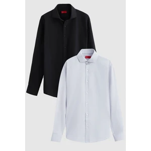 D'S Damat Ds Damat Slim Fit Siyah/beyaz Italyan Yaka Dar Kesim Klasik Kravatlık  Uzun Kollu Kolay Ütülenebilir Nefes Alan 2'li Gömlek