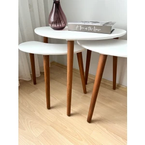 Ahşap Tablalı Düz Ayaklı Üçlü Zigon Sehpa Takımı