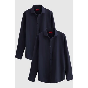 D'S Damat Ds Damat Slim Fit Lacivert Italyan Yaka Dar Kesim Klasik Kravatlık  Uzun Kollu Kolay Ütülenebilir Nefes Alan 2'li Gömlek