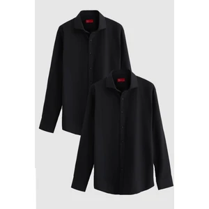 D'S Damat Ds Damat Slim Fit Siyah Italyan Yaka Dar Kesim Klasik Kravatlık  Uzun Kollu Kolay Ütülenebilir Nefes Alan 2'li Gömlek 2HF02ORTBN85