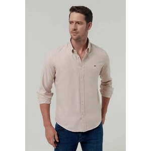 Slim Fit Bej Oxford Düğmeli Yaka Kolay Ütülenebilir Nakış Detaylı Pamuklu Gömlek 4HC02ORT03265
