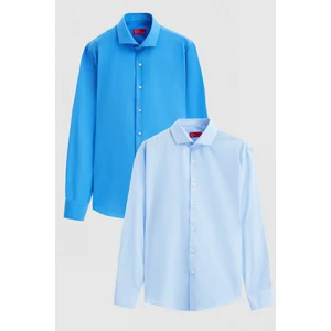 Ds Damat Slim Fit Mavi/açık Mavi Italyan Yaka Dar Kesim Klasik Kravatlık  Uzun Kollu Kolay Ütülenebilir Nefes Alan 2'li Gömlek