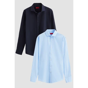 D'S Damat Ds Damat Slim Fit Lacivert/açık Mavi Italyan Yaka Dar Kesim Klasik Kravatlık  Uzun Kollu Kolay Ütülenebilir Nefes Alan 2'li Gömlek