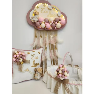 Mor Mini Bebek Kapı Süsü Ledli Bubble Ayıcıklı Ahşap Pano + Takı Yastık + Hediyelik Sepet