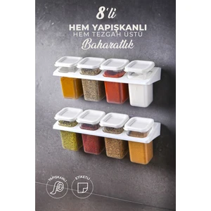 Kitchen Life 8'li Etiketli Standlı Kendinden Yapışkanlı Kare Baharatlık Takımı - Erzak Saklama Kabı Seti