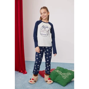Kız Çocuk Yılbaşı Temalı Pijama Takımı Bisiklet Yaka Uzun Kollu Üst Uzun Alt D8797A824AU