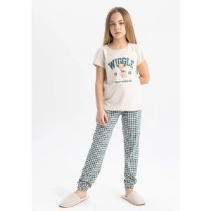 Kız Çocuk Pijama Takımı Bisiklet Yaka Baskılı Kısa Kollu Üst Uzun Alt C1944A824SP