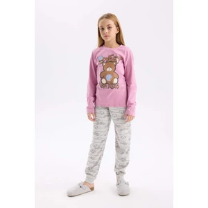 Kız Çocuk Pijama Takım Ayıcık Baskılı Uzun Kollu Üst Beli Lastikli Desenli Uzun Alt D2108A824AU