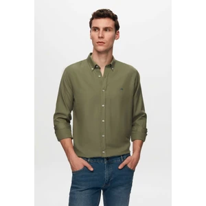 Ds Damat Slim Fit Haki Oxford Düğmeli Yaka Kolay Ütülenebilir Nakış Detaylı Pamuklu Gömlek 4HC02ORT03265