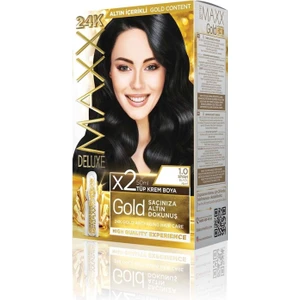 Maxx Deluxe Golden Beauty 24K Altın Içerikli Saç Boyası Seti - Kalıcı 1.0, Yoğun Siyah 50MLX2