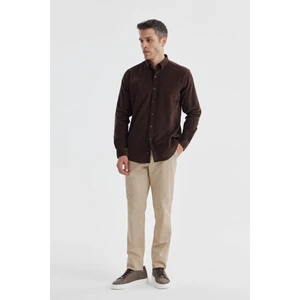 Kahve Comfort Fit Düğmeli Yaka  Pamuklu Kadife Gömlek