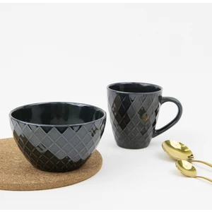 Porselen Kupa Kase Seti Bowl Mug Kahvaltı Ikili Set (Koyu Yeşil)