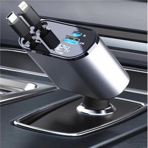 60W Geri Çekilebilir Hızlı Araç Şarj Aleti, 4'ü 1 Arada Süper Hızlı Şarj, USB Şarj Cihazı, Geri Çekilebilir Çift Kablo 12 - 24V Araç ve Kamyon Için