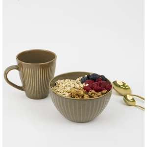 Porselen Line Kupa Kase Seti Bowl Mug Kahvaltı Ikili Set(Yeşil)