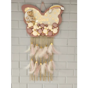 Mor Mini Bebek Kapı Süsü Ledli Bubble Ayıcıklı Ahşap Kelebek Pano