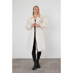 7307A Kemerli Balon Kol Trençkot Taş