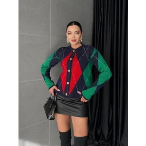 Kadın Baklava Desenli Düğme Detaylı Lacivert Şık Triko Hırka