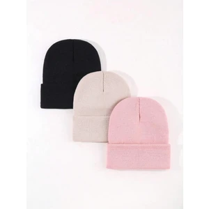 Unisex Katlamalı Siyah,taş,pembe 3'lü Bere Seti