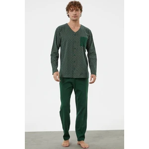 V Yaka Düğmeli Pijama Takım - Yeşil
