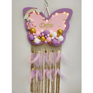 Mor Mini Bebek Kapı Süsü Ledli Bubble Ayıcıklı Ahşap Kelebek Pano