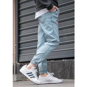 Erkek Buz Mavisi Jogger Kot Pantolon - Lastikli Bel ve Paça, Yıkamalı Denim