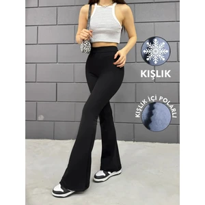 Kadın Siyah Kışlık Içi Polarlı Ispanyol Paça Yüksek Bel Likralı Toparlayıcı Tayt Pantolon