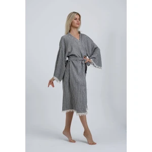 Befera Design Müslin Kimono %100 Pamuklu Çizgili Bornoz Kaftan Sabahlık