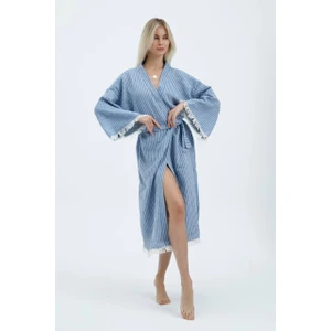 Befera Design Müslin Kimono %100 Pamuklu Çizgili Bornoz Kaftan Sabahlık