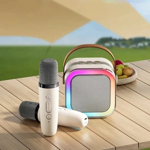 Taşınabilir Çift Mikrofonlu Rgb Renkli Kablosuz Bluetooth Karaoke Hoparlör Mavi/Pembe/Krem
