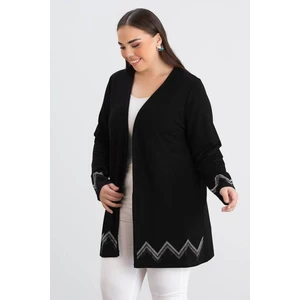 For Esra Bıg Trend Kadın Büyük Beden Kol Etek Ucu Zigzag Taş Detay Ön Açık Esnek Viskon Midi Boy Hırka