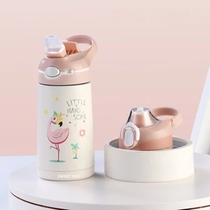 Sweet Rui Çocuk Su Şişesi Çift Kapaklı 380ML Pipetli, Bpa Içermeyen Paslanmaz Çelik Içecek Şişesi Termos (Yurt Dışından)