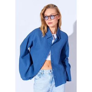 Indigo Kolları Salaş Yıkamalı Müslin Oversize Rahat Kalıp Kadın Basic Gömlek| MKS166881-01